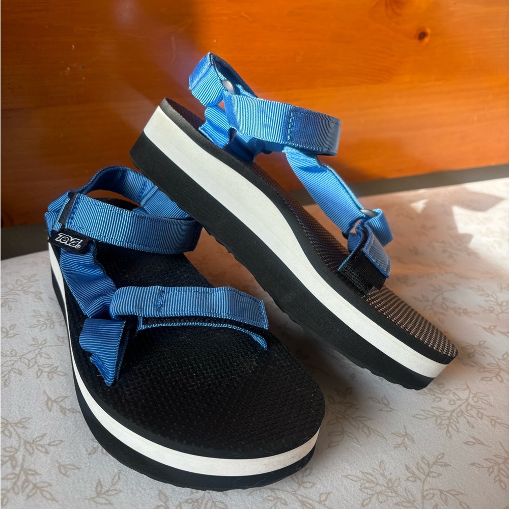 Womens Tevas Flatform Universal Platform Blue Black wedge Sandals 8 UK 6 EU 39